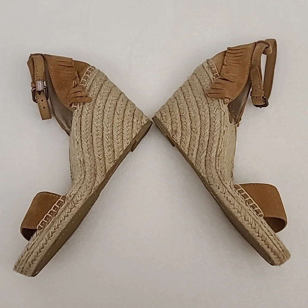 FRYE AND CO. Tan Suede Fringe Espadrille Wedge Sandals